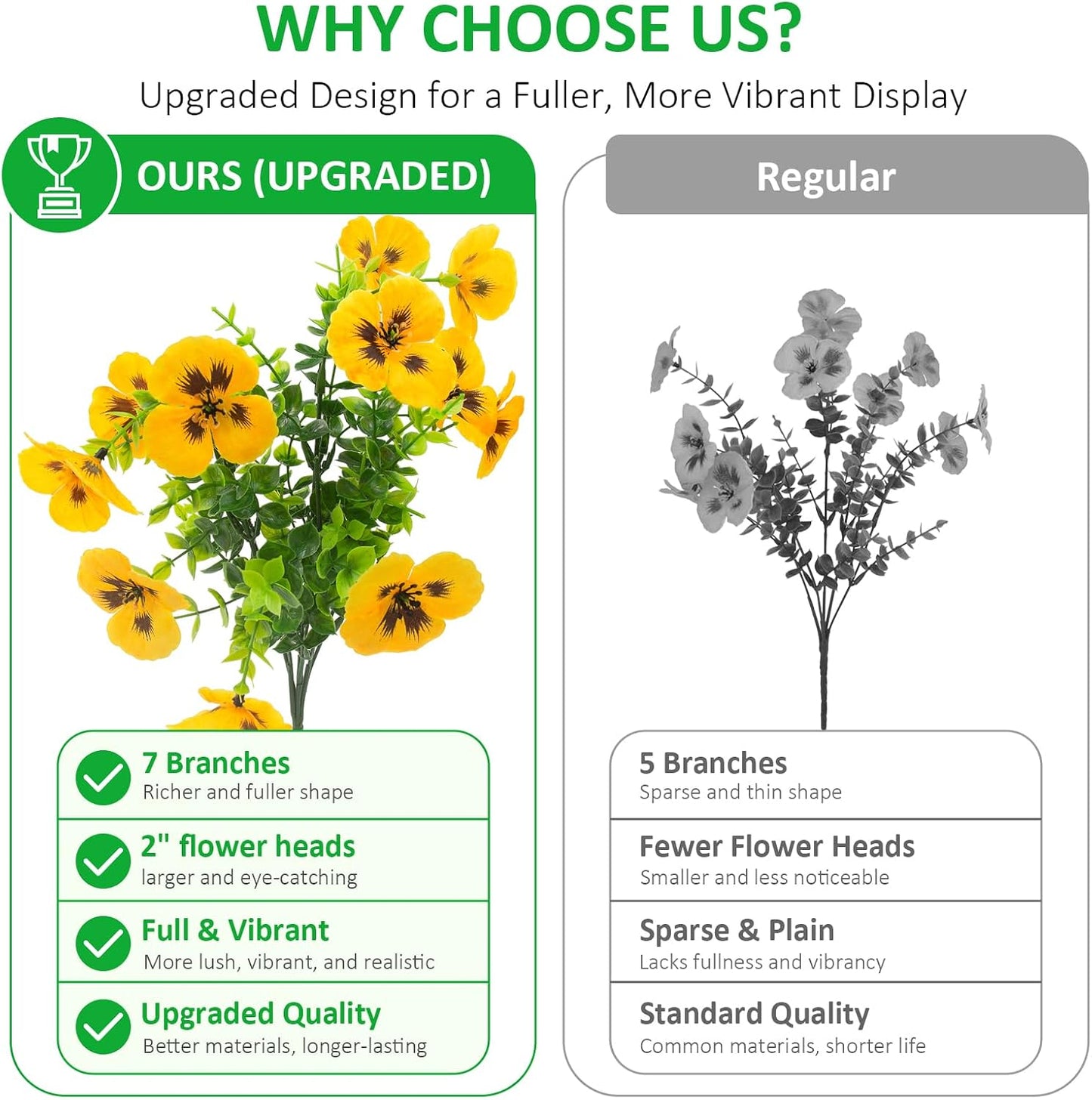 Rowfad 18 Pcs Artificial Fake Pansy Flowers for Outdoor, Faux UV Resistant Silk Pansies Flowers for Outside Planter Front Door Porch Yard Patio Window Box Home Decor (18, Yellow,Purple)