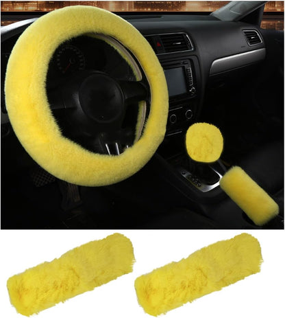5 PCS Fluffy Steering Wheel Covers Set, Faux Wool Steering Wheel Cover & Handbrake Cover & Gear Shift Cover & 2 Seat Belt Shoulder Pads, Universal Car Accessories (Yellow)