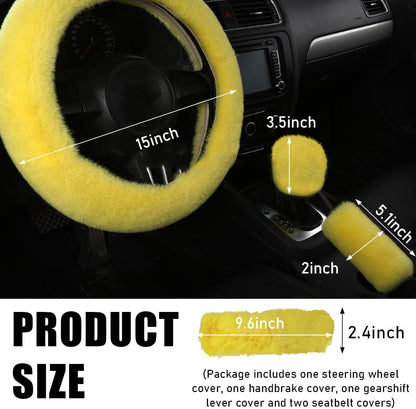 5 PCS Fluffy Steering Wheel Covers Set, Faux Wool Steering Wheel Cover & Handbrake Cover & Gear Shift Cover & 2 Seat Belt Shoulder Pads, Universal Car Accessories (Yellow)