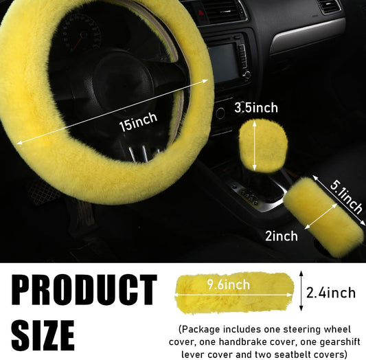 5 PCS Fluffy Steering Wheel Covers Set, Faux Wool Steering Wheel Cover & Handbrake Cover & Gear Shift Cover & 2 Seat Belt Shoulder Pads, Universal Car Accessories (Yellow)