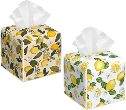 Summer Lemon Tissue Box Cover Square, Tissue Box Holder Leather Facial Paper Case Modern Home Decoration for Bathroom Kitchen Bedroom Night Stands, 2 Pcs