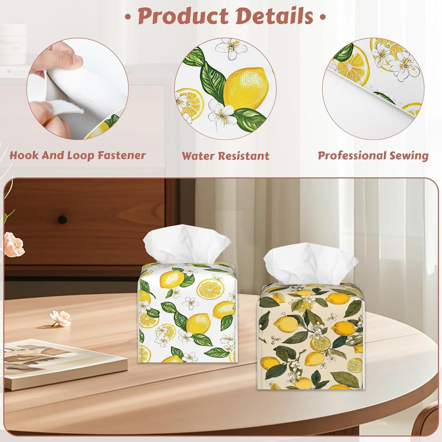Summer Lemon Tissue Box Cover Square, Tissue Box Holder Leather Facial Paper Case Modern Home Decoration for Bathroom Kitchen Bedroom Night Stands, 2 Pcs