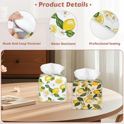Summer Lemon Tissue Box Cover Square, Tissue Box Holder Leather Facial Paper Case Modern Home Decoration for Bathroom Kitchen Bedroom Night Stands, 2 Pcs
