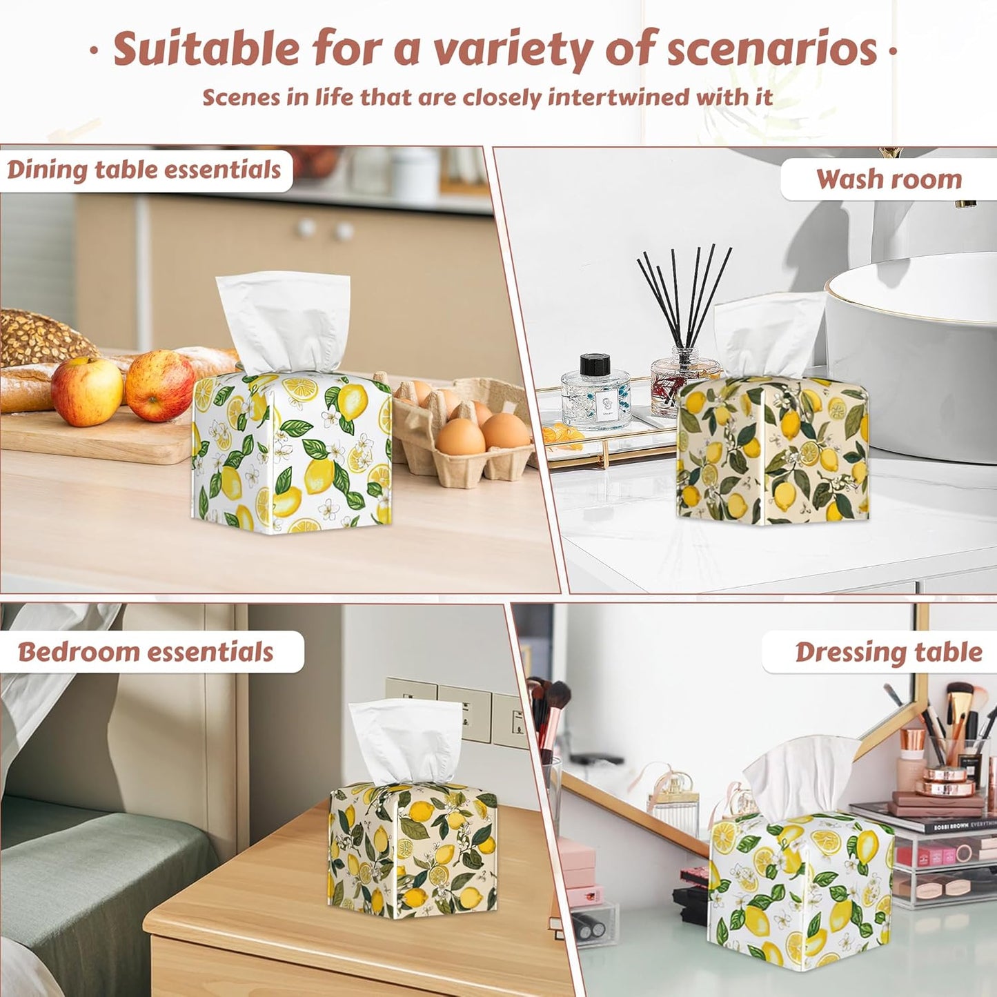 Summer Lemon Tissue Box Cover Square, Tissue Box Holder Leather Facial Paper Case Modern Home Decoration for Bathroom Kitchen Bedroom Night Stands, 2 Pcs