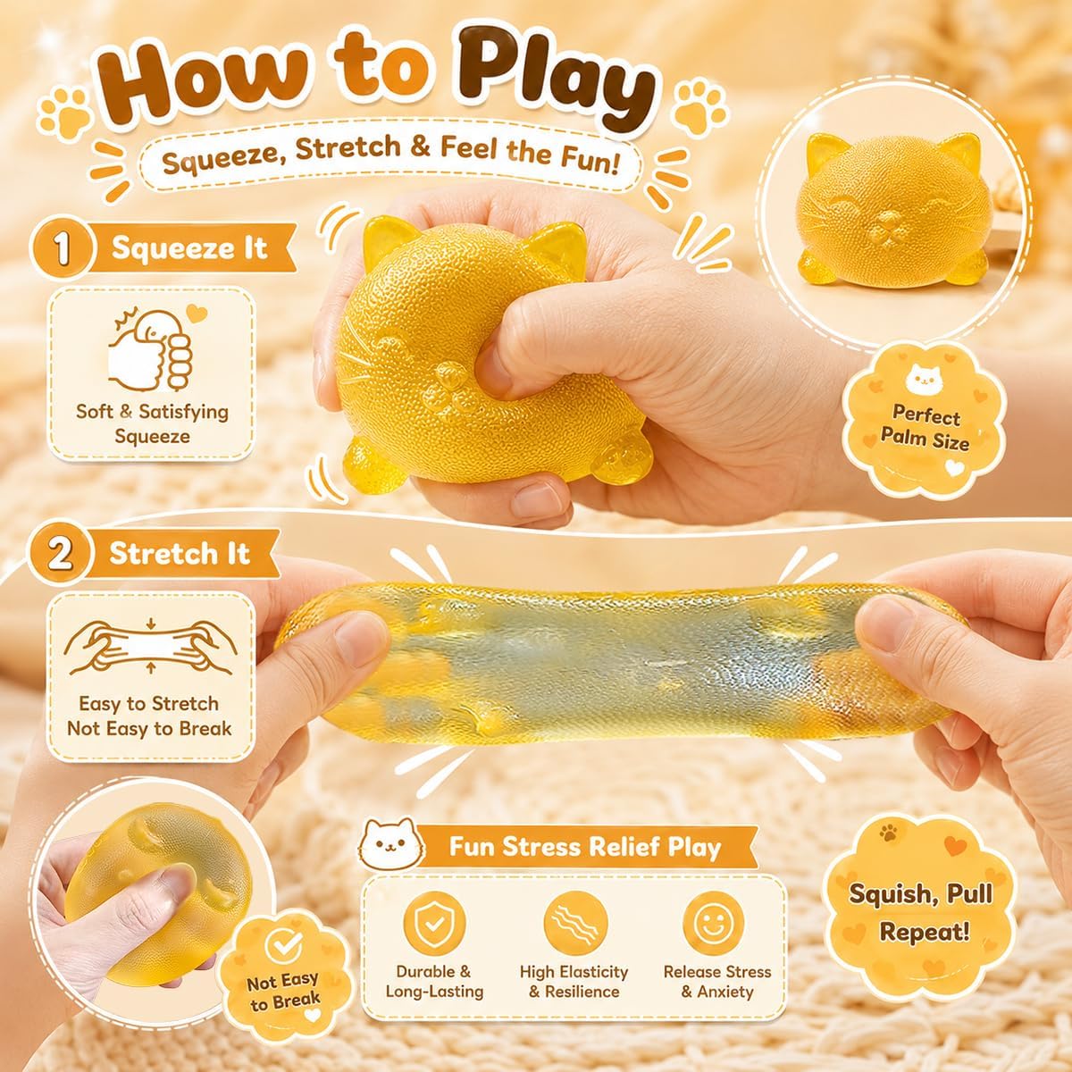 Cool Cat Squishy Fidget Toys,Yellow Taba Squishy Cat Squeeze Toy | Non-Sticky Stress Ball for Kid Teen Adult with Autism,Odor Free Sensory Fidget,Quiet Desk Toy for Office Classroom Party Gift