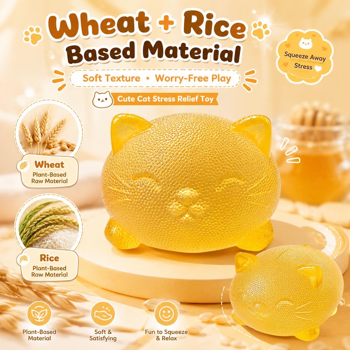 Cool Cat Squishy Fidget Toys,Yellow Taba Squishy Cat Squeeze Toy | Non-Sticky Stress Ball for Kid Teen Adult with Autism,Odor Free Sensory Fidget,Quiet Desk Toy for Office Classroom Party Gift