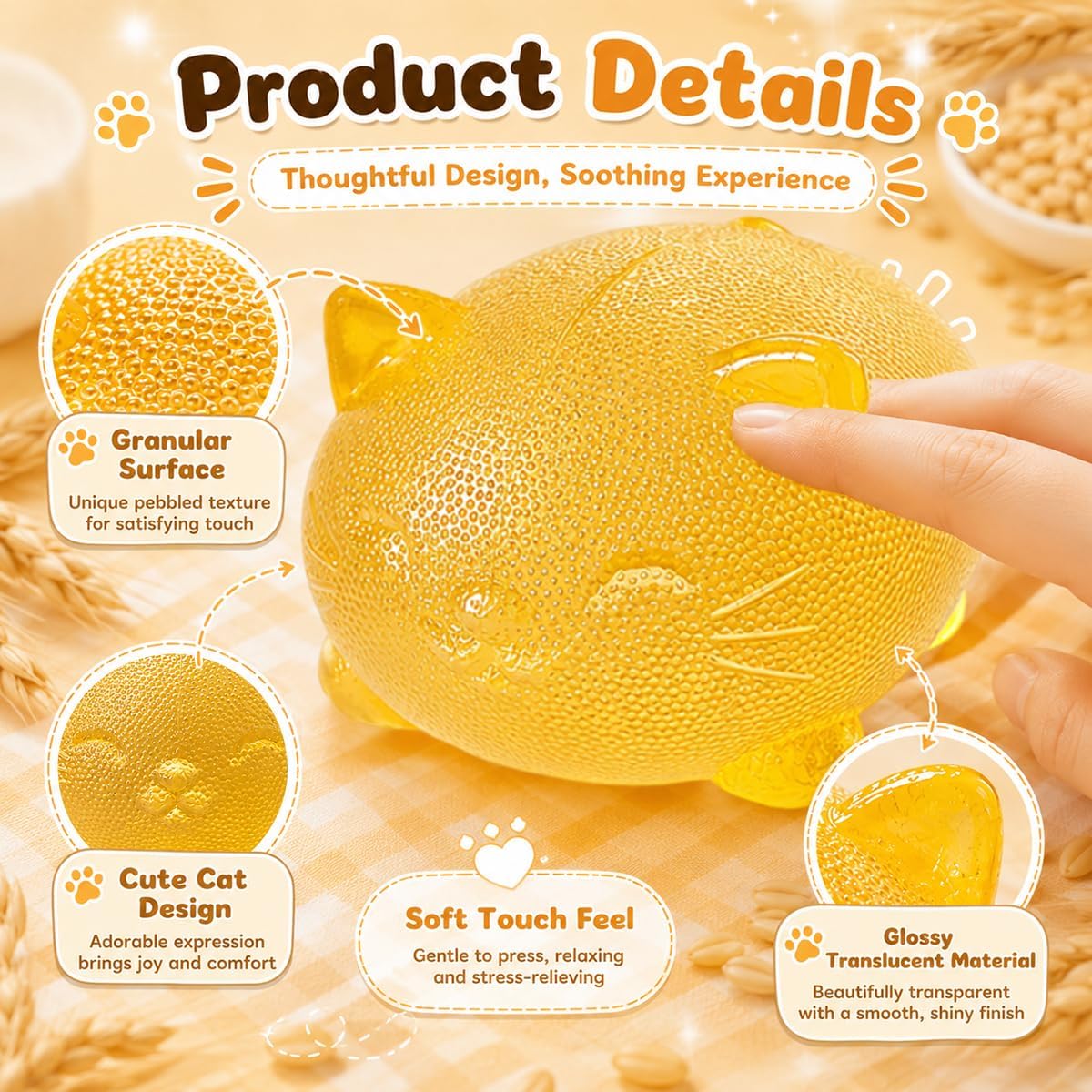 Cool Cat Squishy Fidget Toys,Yellow Taba Squishy Cat Squeeze Toy | Non-Sticky Stress Ball for Kid Teen Adult with Autism,Odor Free Sensory Fidget,Quiet Desk Toy for Office Classroom Party Gift