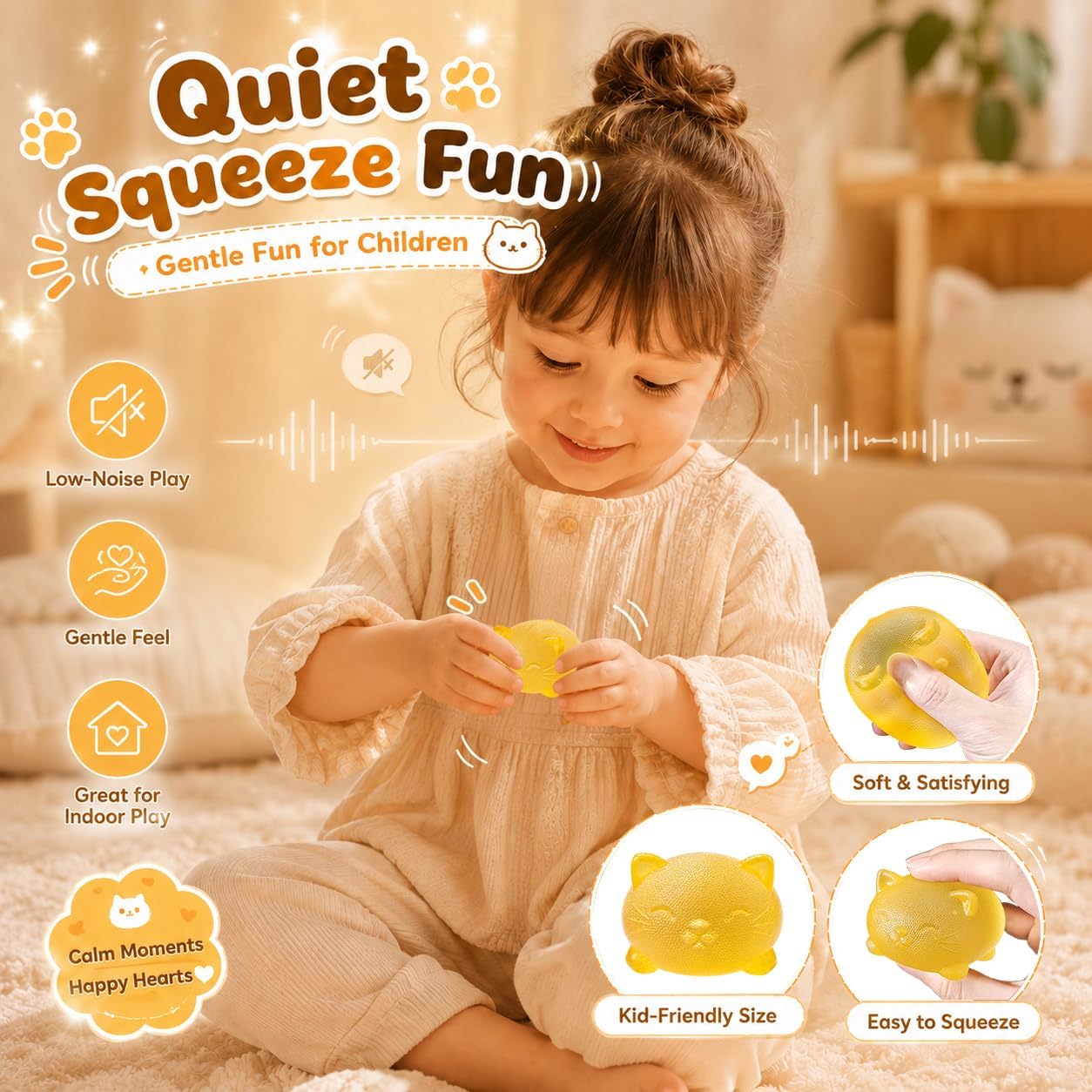 Cool Cat Squishy Fidget Toys,Yellow Taba Squishy Cat Squeeze Toy | Non-Sticky Stress Ball for Kid Teen Adult with Autism,Odor Free Sensory Fidget,Quiet Desk Toy for Office Classroom Party Gift