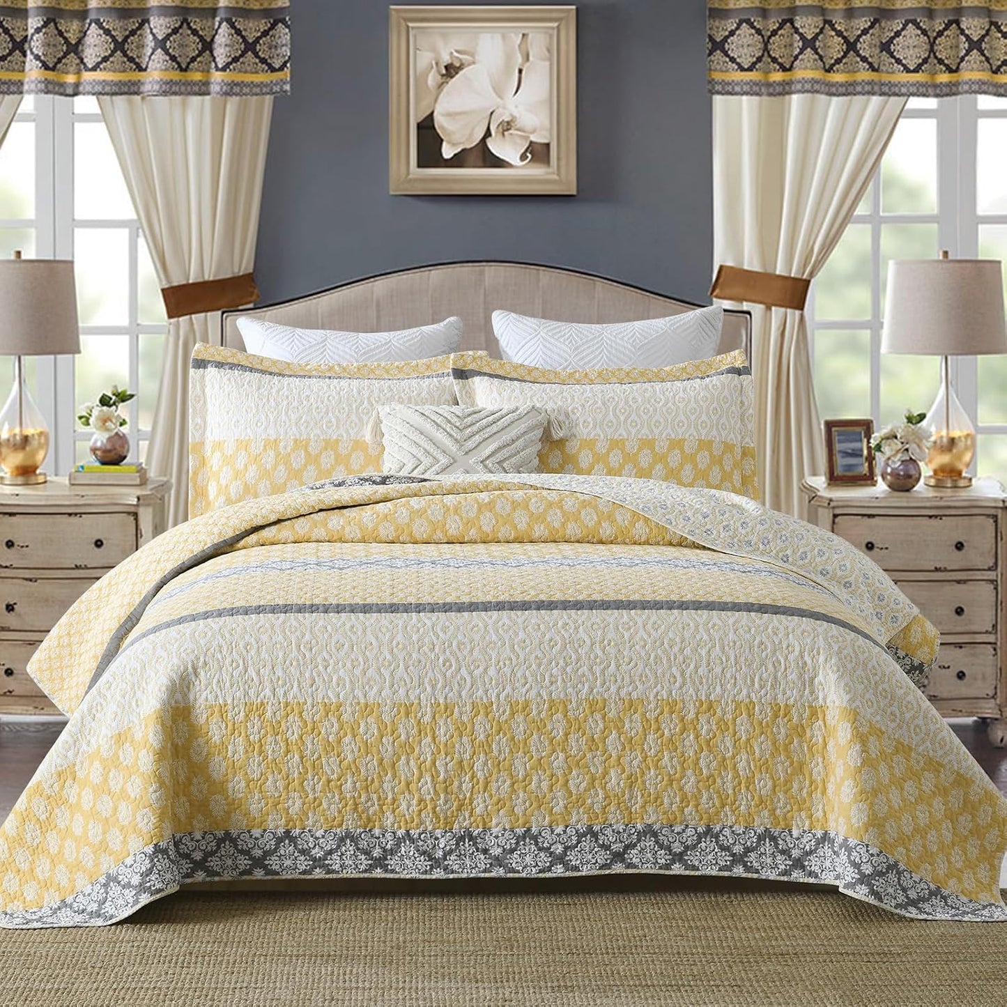 100% Cotton Queen Quilt - Botanical Bed Quilts with 2 Pillow Shams | Modern Home Decor Stripe Reversible Bedspread Lightweight Soft Thin Comforter Bedding Set for All Season, Yellow/Grey