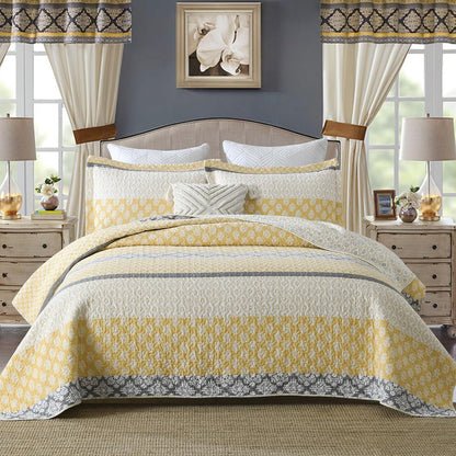 100% Cotton Queen Quilt - Botanical Bed Quilts with 2 Pillow Shams | Modern Home Decor Stripe Reversible Bedspread Lightweight Soft Thin Comforter Bedding Set for All Season, Yellow/Grey