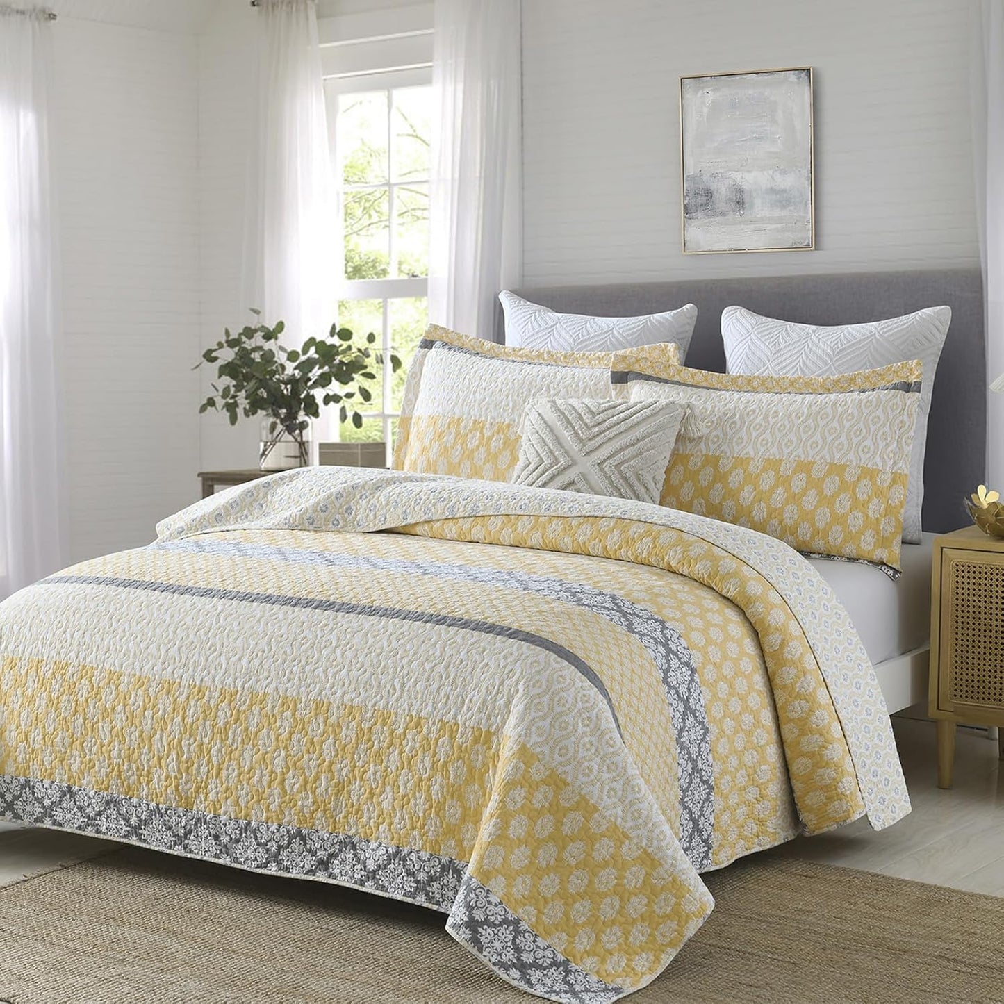 100% Cotton Queen Quilt - Botanical Bed Quilts with 2 Pillow Shams | Modern Home Decor Stripe Reversible Bedspread Lightweight Soft Thin Comforter Bedding Set for All Season, Yellow/Grey