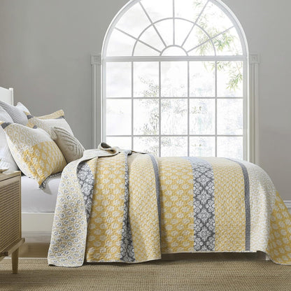100% Cotton Queen Quilt - Botanical Bed Quilts with 2 Pillow Shams | Modern Home Decor Stripe Reversible Bedspread Lightweight Soft Thin Comforter Bedding Set for All Season, Yellow/Grey