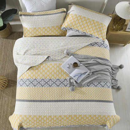 100% Cotton Queen Quilt - Botanical Bed Quilts with 2 Pillow Shams | Modern Home Decor Stripe Reversible Bedspread Lightweight Soft Thin Comforter Bedding Set for All Season, Yellow/Grey
