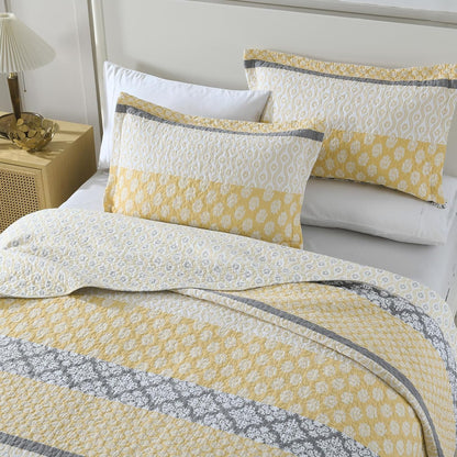 100% Cotton Queen Quilt - Botanical Bed Quilts with 2 Pillow Shams | Modern Home Decor Stripe Reversible Bedspread Lightweight Soft Thin Comforter Bedding Set for All Season, Yellow/Grey