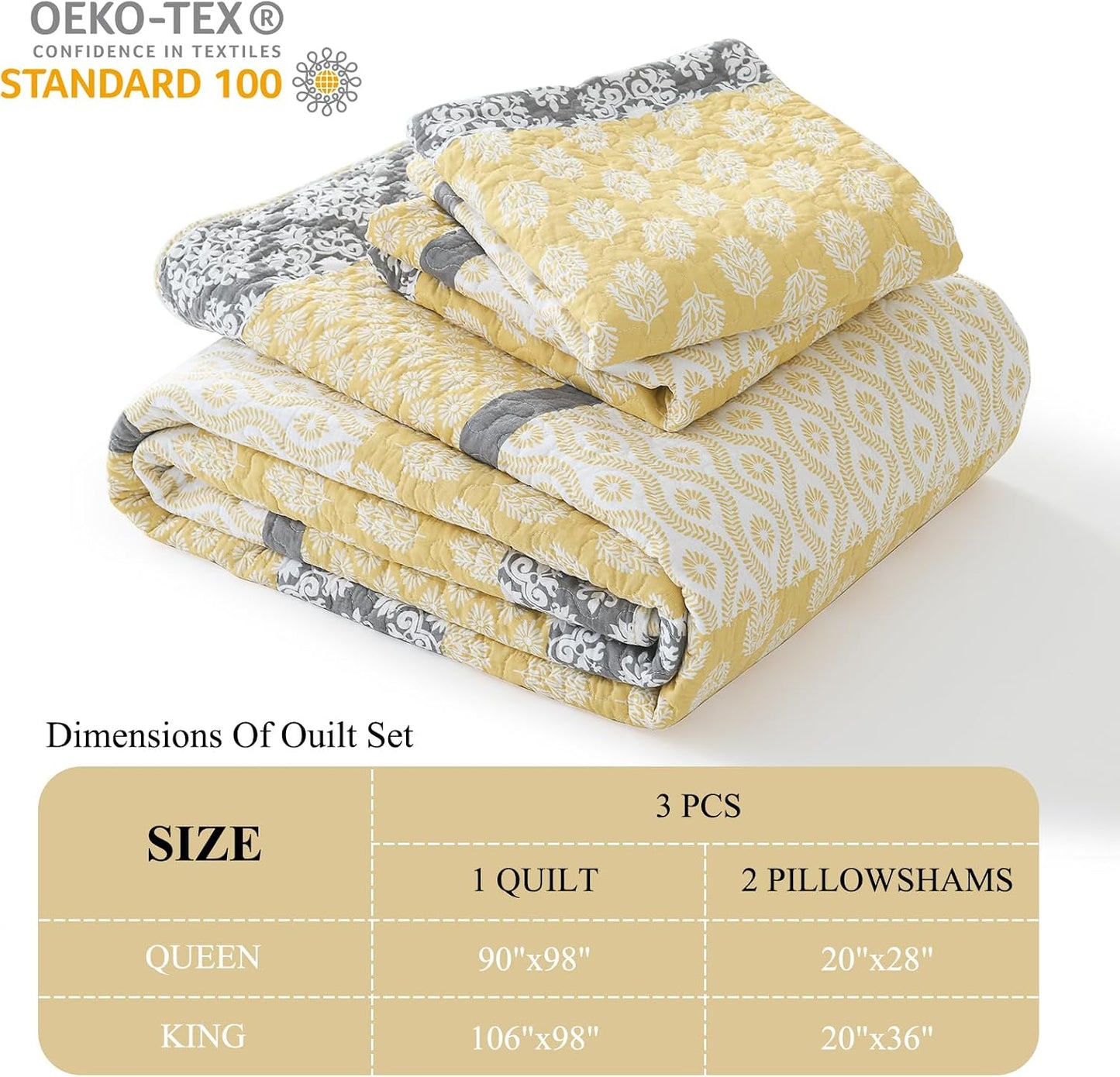 100% Cotton Queen Quilt - Botanical Bed Quilts with 2 Pillow Shams | Modern Home Decor Stripe Reversible Bedspread Lightweight Soft Thin Comforter Bedding Set for All Season, Yellow/Grey