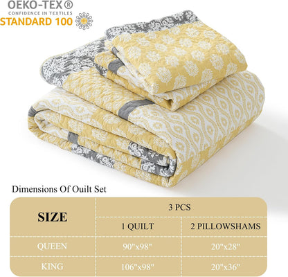100% Cotton Queen Quilt - Botanical Bed Quilts with 2 Pillow Shams | Modern Home Decor Stripe Reversible Bedspread Lightweight Soft Thin Comforter Bedding Set for All Season, Yellow/Grey