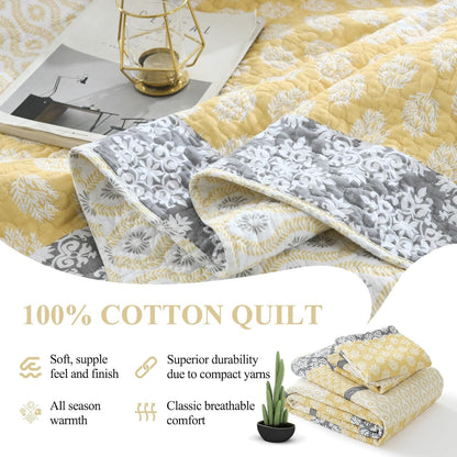 100% Cotton Queen Quilt - Botanical Bed Quilts with 2 Pillow Shams | Modern Home Decor Stripe Reversible Bedspread Lightweight Soft Thin Comforter Bedding Set for All Season, Yellow/Grey