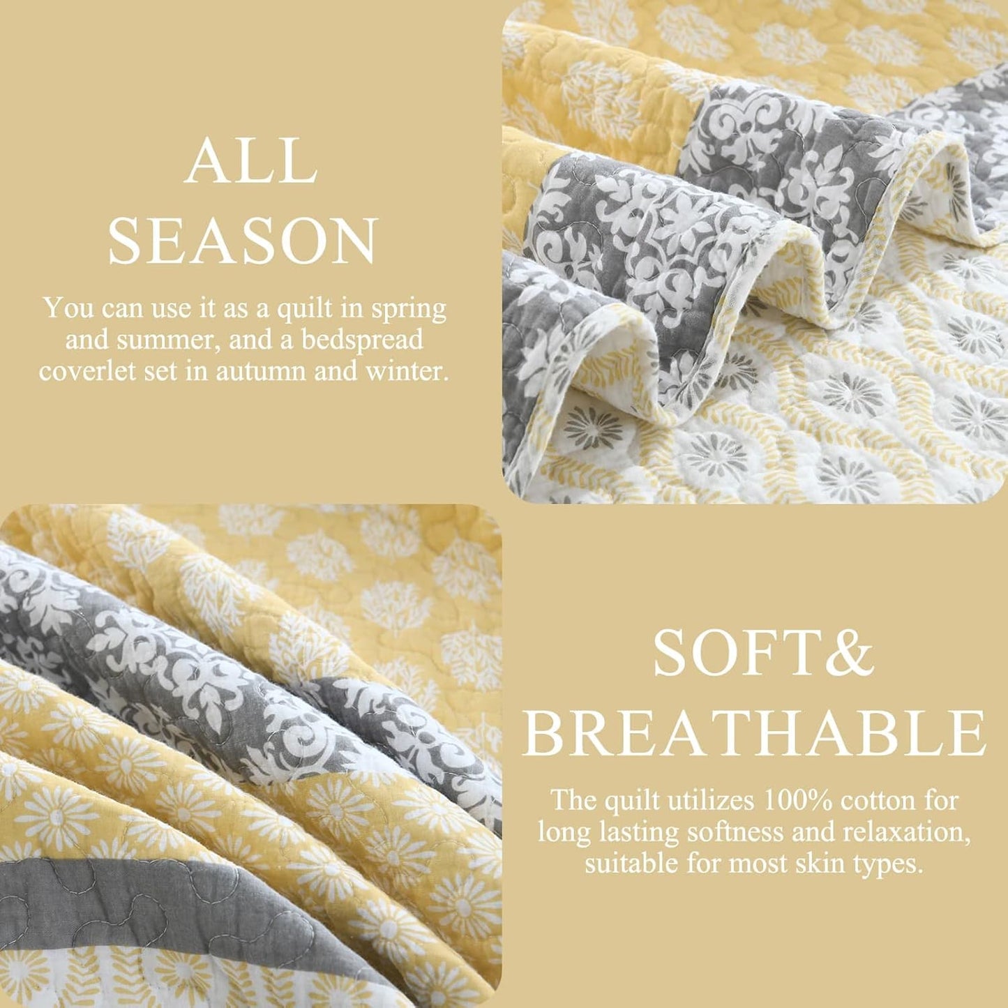 100% Cotton Queen Quilt - Botanical Bed Quilts with 2 Pillow Shams | Modern Home Decor Stripe Reversible Bedspread Lightweight Soft Thin Comforter Bedding Set for All Season, Yellow/Grey