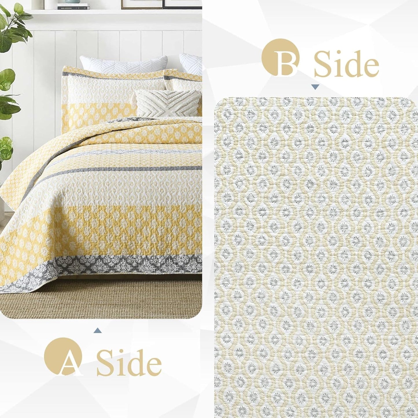 100% Cotton Queen Quilt - Botanical Bed Quilts with 2 Pillow Shams | Modern Home Decor Stripe Reversible Bedspread Lightweight Soft Thin Comforter Bedding Set for All Season, Yellow/Grey