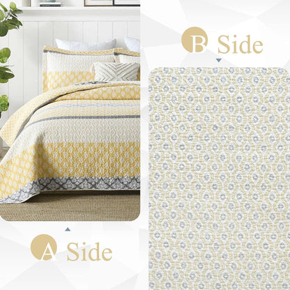 100% Cotton Queen Quilt - Botanical Bed Quilts with 2 Pillow Shams | Modern Home Decor Stripe Reversible Bedspread Lightweight Soft Thin Comforter Bedding Set for All Season, Yellow/Grey