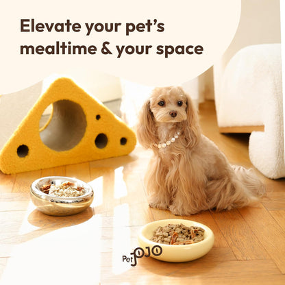 Pebble Pet Bowl Flat Yellow, Ergonomic Dog Cat Feeding Bowl, Flat-Faced Breed, Tilted Ceramic Pet Food Dish, Scooper Eater, Anti-Spill Design, Dishwasher Safe, Modern Pet Bowl, Dry & Wet Diet