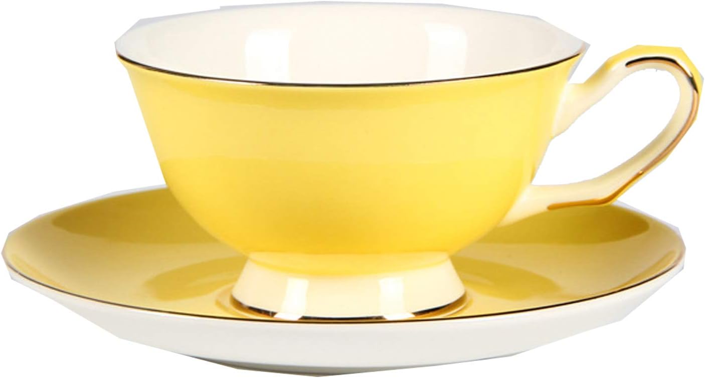 Porcelain Colorful Bone China 7.4 OZ Tea Cup And Saucer Set With Golden Border Tableware Best Family Gift (Yellow)