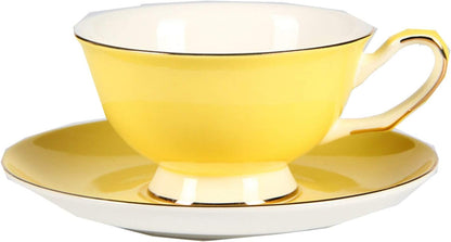 Porcelain Colorful Bone China 7.4 OZ Tea Cup And Saucer Set With Golden Border Tableware Best Family Gift (Yellow)