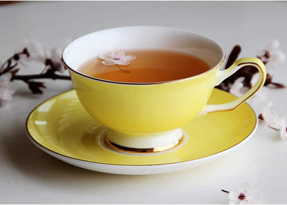 Porcelain Colorful Bone China 7.4 OZ Tea Cup And Saucer Set With Golden Border Tableware Best Family Gift (Yellow)