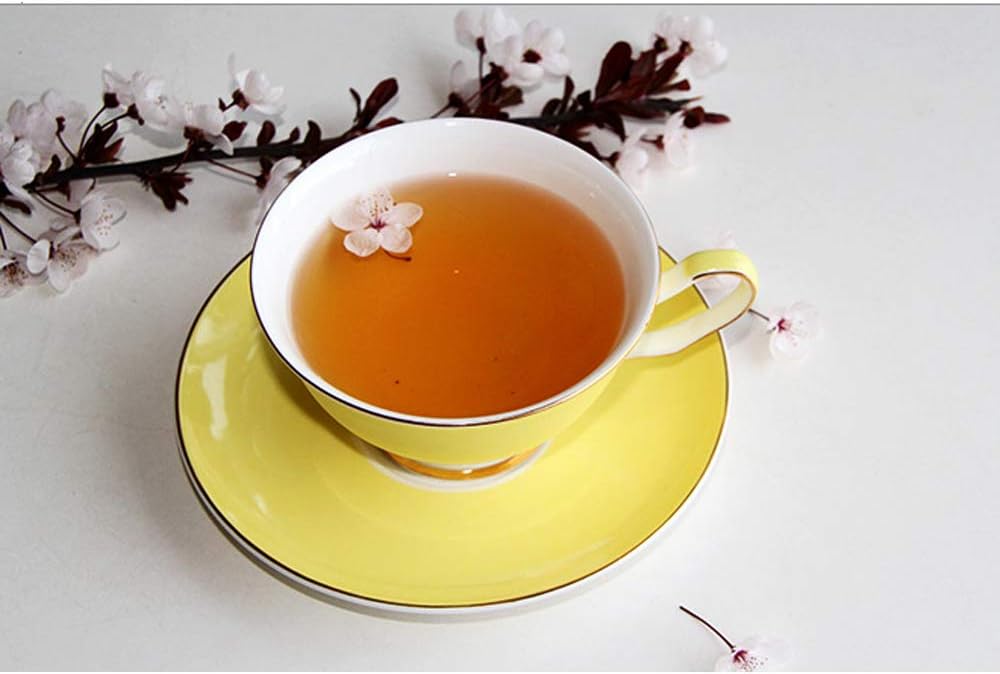Porcelain Colorful Bone China 7.4 OZ Tea Cup And Saucer Set With Golden Border Tableware Best Family Gift (Yellow)