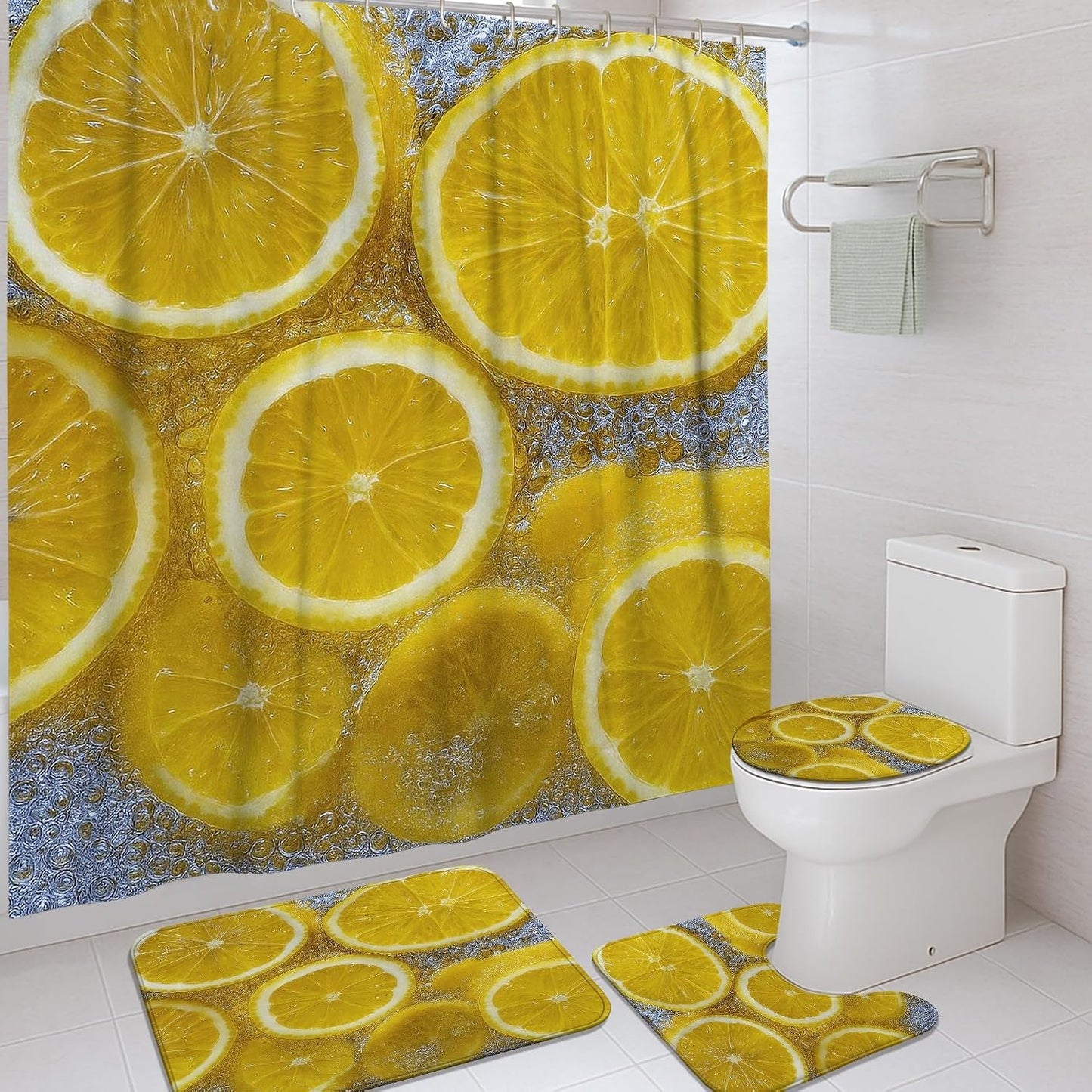 4Pcs Lemon Shower Curtain Set, Bright Yellow Citrus Bath Mat Rugs Accessories for Bathroom Decor, Summer Modern Waterproof Fabric Shower Curtain Set with Hooks 72x72 Inch