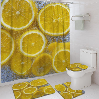 4Pcs Lemon Shower Curtain Set, Bright Yellow Citrus Bath Mat Rugs Accessories for Bathroom Decor, Summer Modern Waterproof Fabric Shower Curtain Set with Hooks 72x72 Inch