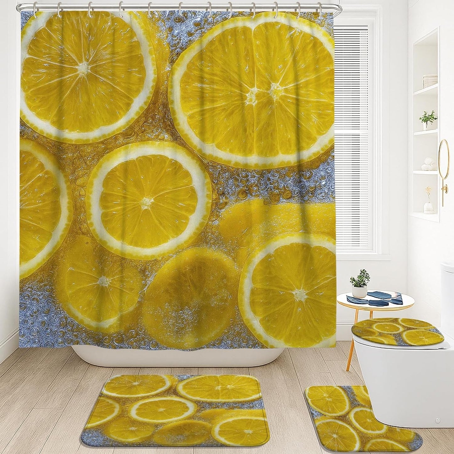 4Pcs Lemon Shower Curtain Set, Bright Yellow Citrus Bath Mat Rugs Accessories for Bathroom Decor, Summer Modern Waterproof Fabric Shower Curtain Set with Hooks 72x72 Inch