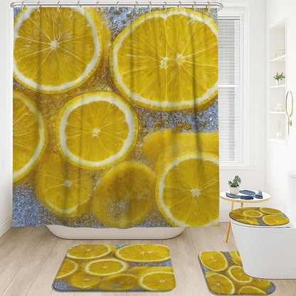 4Pcs Lemon Shower Curtain Set, Bright Yellow Citrus Bath Mat Rugs Accessories for Bathroom Decor, Summer Modern Waterproof Fabric Shower Curtain Set with Hooks 72x72 Inch