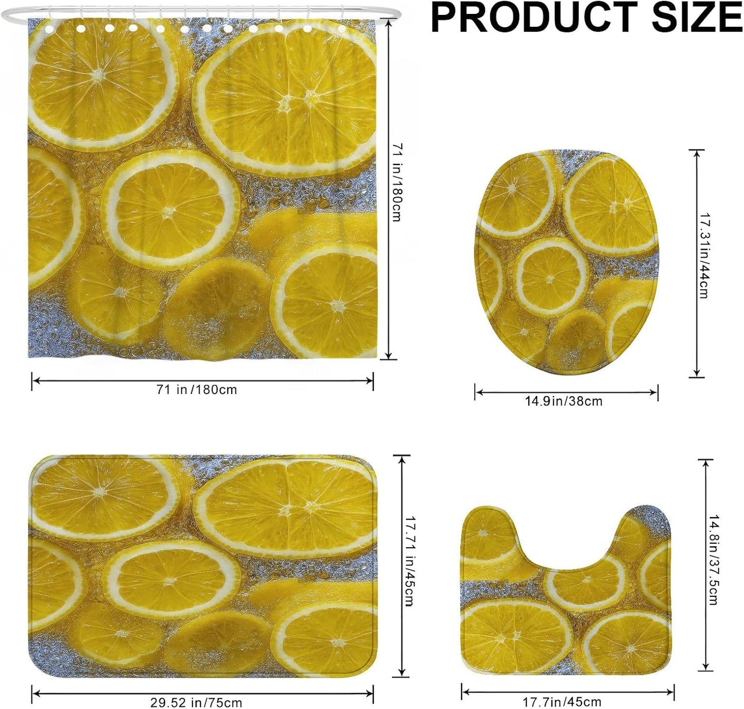 4Pcs Lemon Shower Curtain Set, Bright Yellow Citrus Bath Mat Rugs Accessories for Bathroom Decor, Summer Modern Waterproof Fabric Shower Curtain Set with Hooks 72x72 Inch