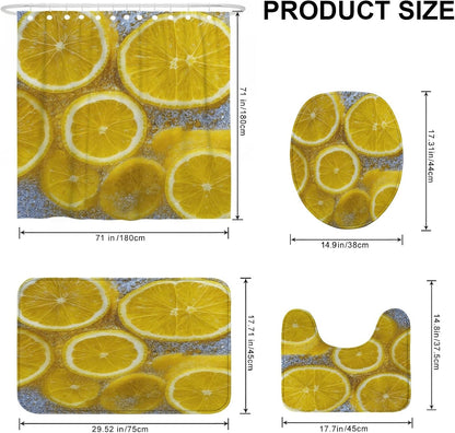 4Pcs Lemon Shower Curtain Set, Bright Yellow Citrus Bath Mat Rugs Accessories for Bathroom Decor, Summer Modern Waterproof Fabric Shower Curtain Set with Hooks 72x72 Inch