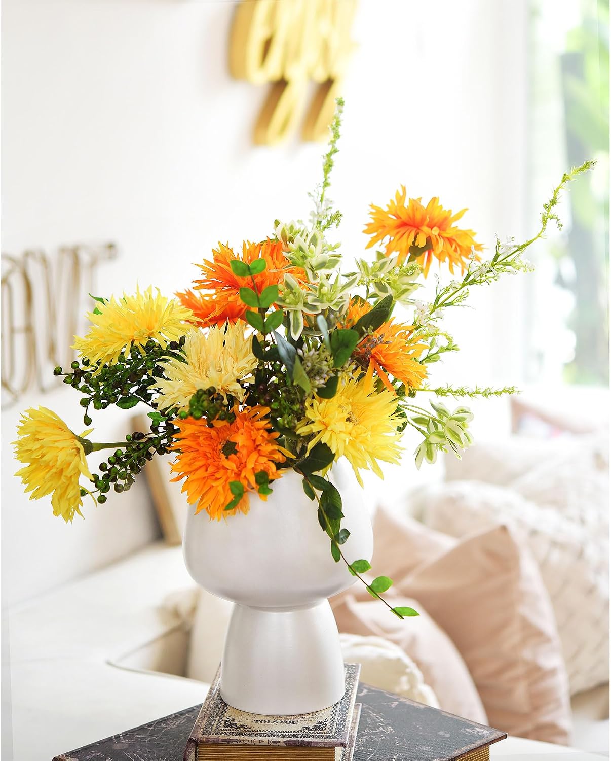 Real Touch Gerbera Daisy Artificial Flowers Arrangement & Wedding Bouquet (7 Floral Stems, Tuscany Yellow)