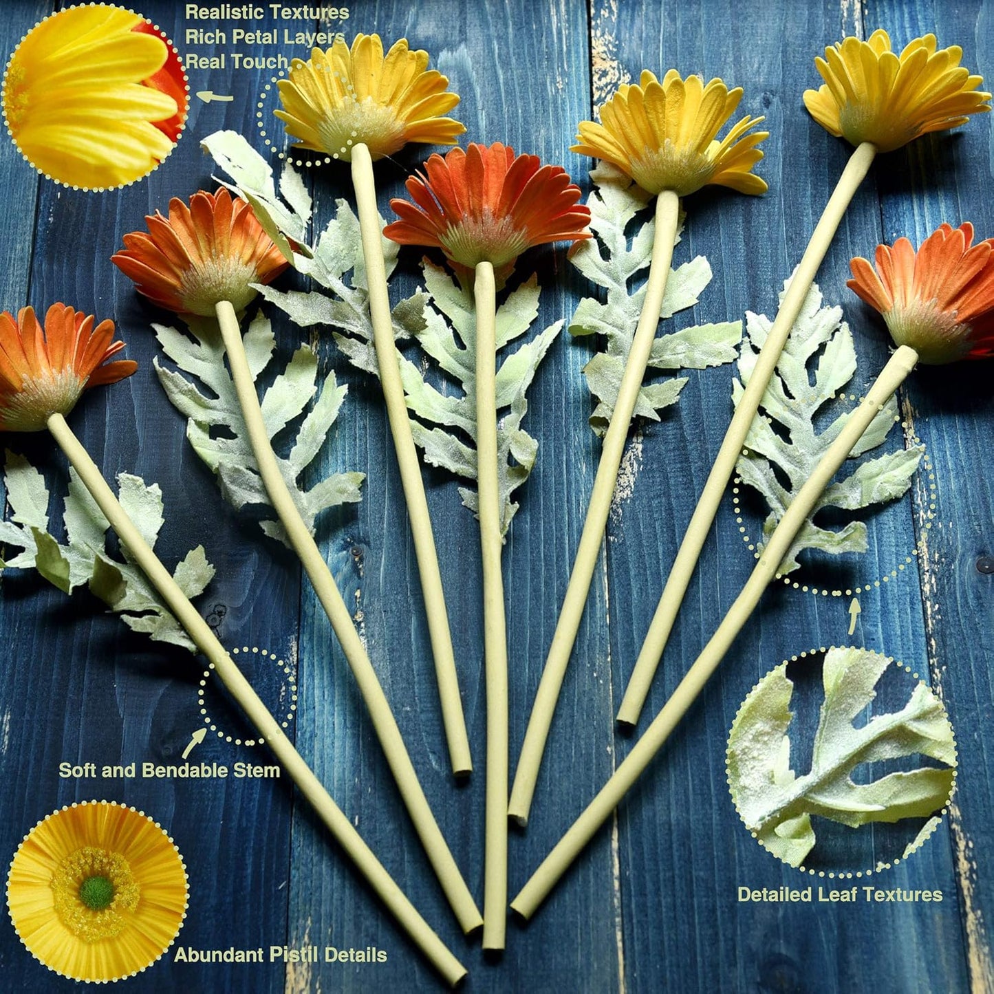 Real Touch Gerbera Daisy Artificial Flowers Arrangement & Wedding Bouquet (7 Floral Stems, Tuscany Yellow)