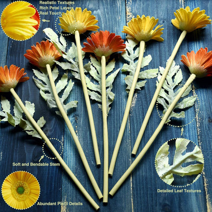 Real Touch Gerbera Daisy Artificial Flowers Arrangement & Wedding Bouquet (7 Floral Stems, Tuscany Yellow)