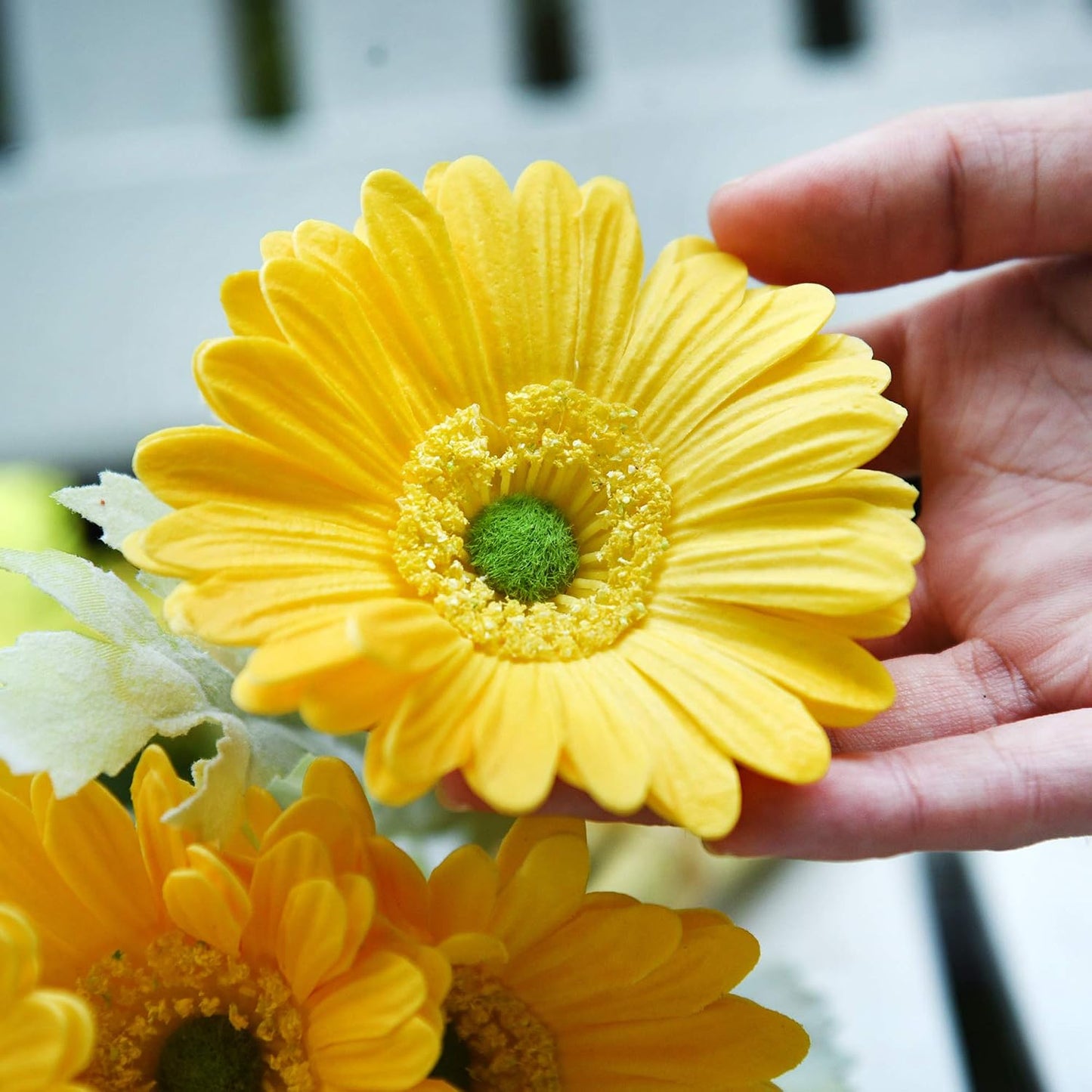 Real Touch Gerbera Daisy Artificial Flowers Arrangement & Wedding Bouquet (7 Floral Stems, Tuscany Yellow)