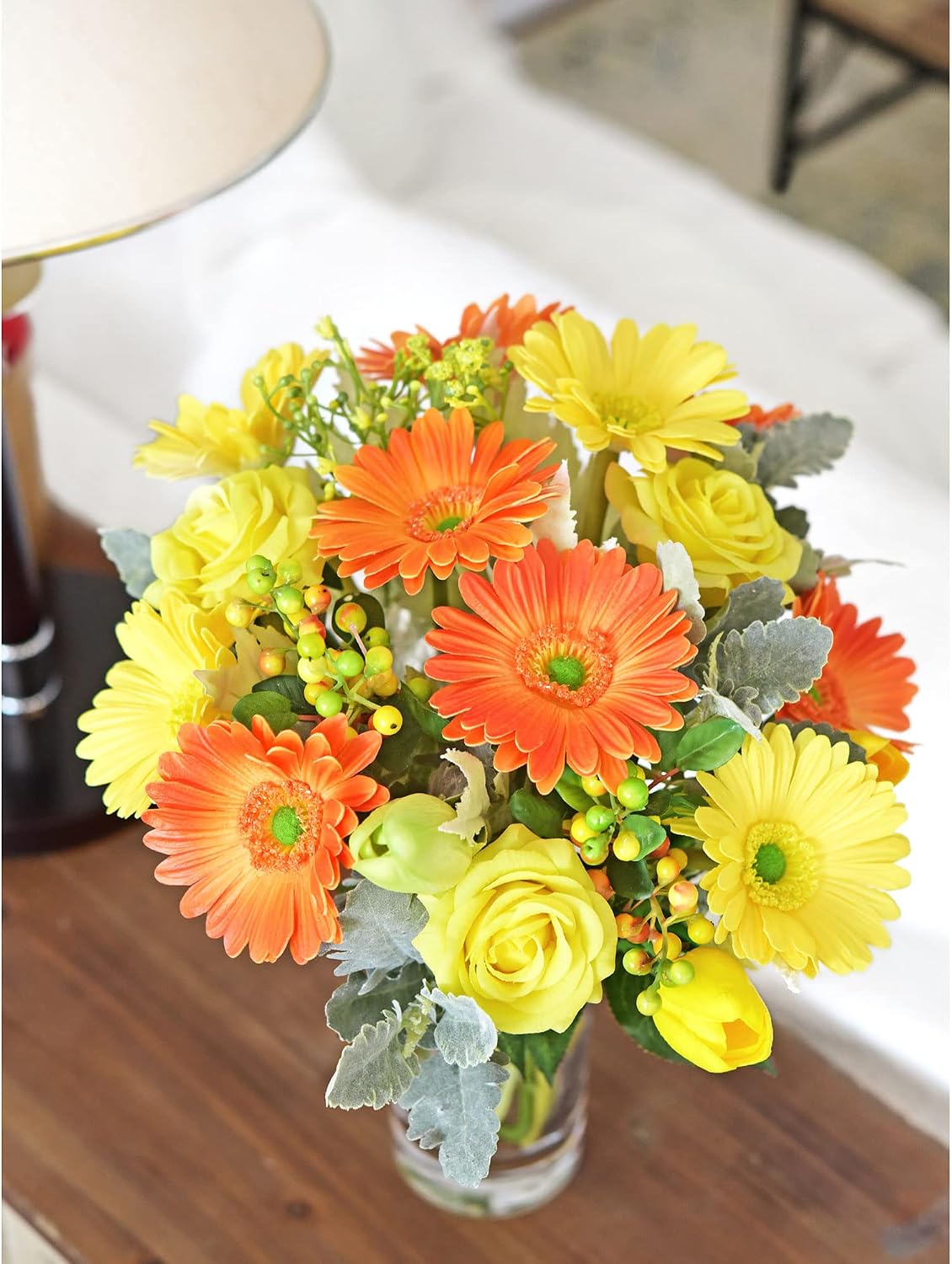 Real Touch Gerbera Daisy Artificial Flowers Arrangement & Wedding Bouquet (7 Floral Stems, Tuscany Yellow)