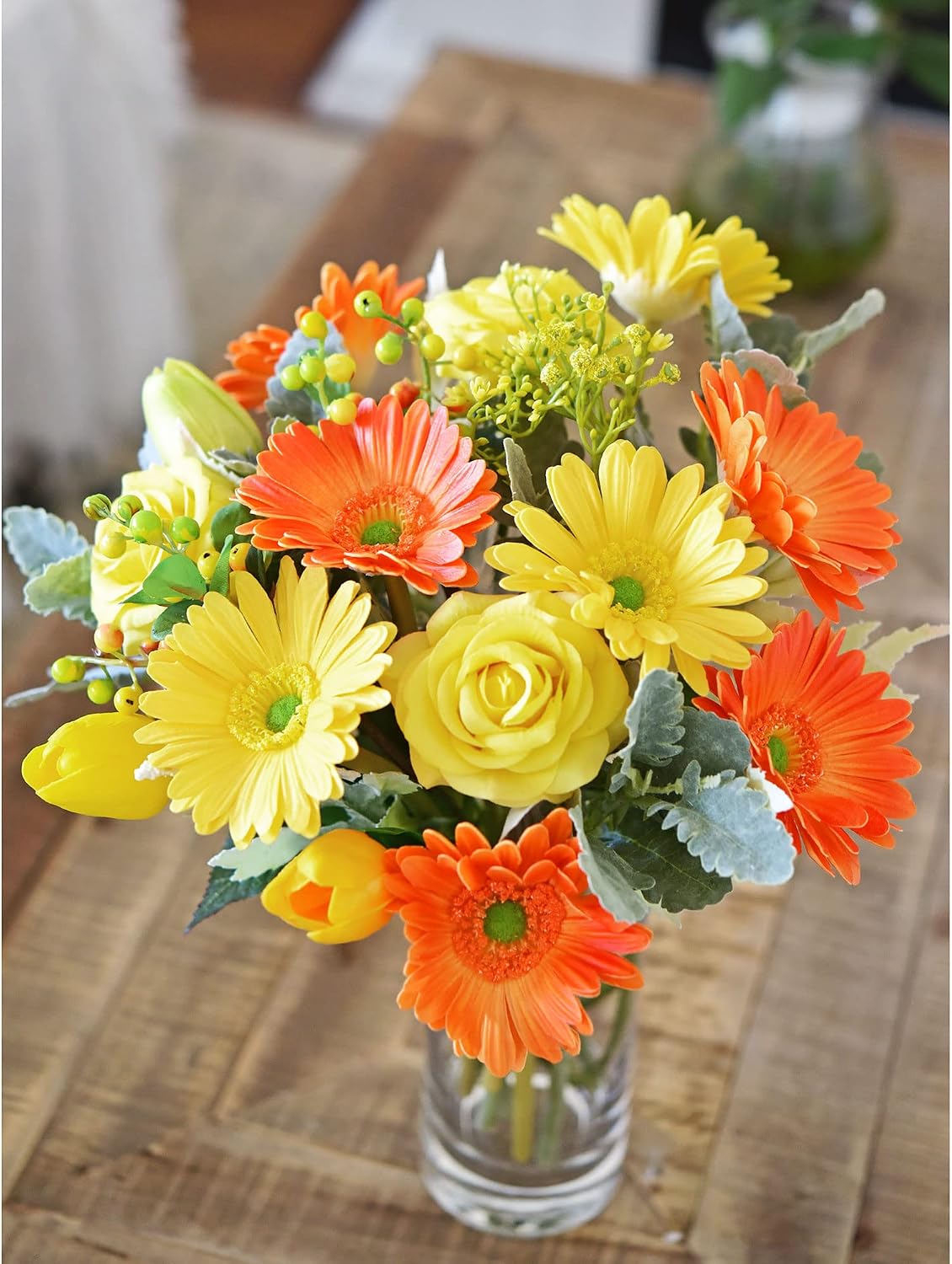 Real Touch Gerbera Daisy Artificial Flowers Arrangement & Wedding Bouquet (7 Floral Stems, Tuscany Yellow)