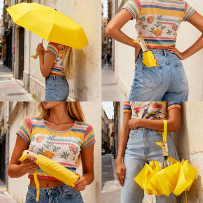 Duck Cute Travel Compact Umbrella Automatic, Wooden Handle for Gifts Women | Foldable travel size fits backpack/car/handbag，easy carry to outdoor/work/school,ideal gift