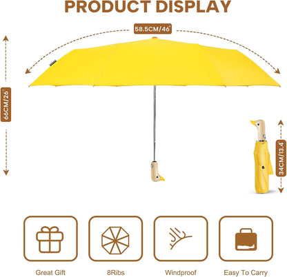 Duck Cute Travel Compact Umbrella Automatic, Wooden Handle for Gifts Women | Foldable travel size fits backpack/car/handbag，easy carry to outdoor/work/school,ideal gift