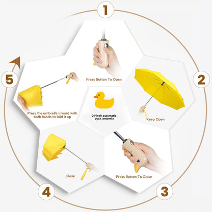 Duck Cute Travel Compact Umbrella Automatic, Wooden Handle for Gifts Women | Foldable travel size fits backpack/car/handbag，easy carry to outdoor/work/school,ideal gift