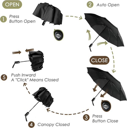 Umbrella Windproof Travel for Rain - Easy Auto Open Close, Durable & Compact Umbrellas, Waterproof Canopy - Backpack, Purse, Portable Umbrella for Travel