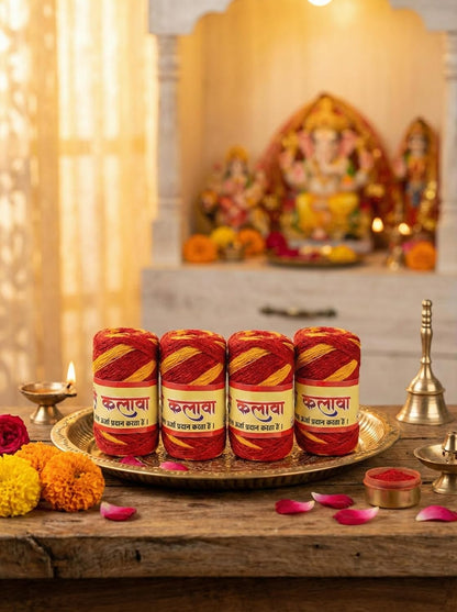 Kalava Moli Mauli Sacred Hindu Ritual Thread – 100% Cotton Red & Yellow Wrist Band for Puja, Havan, and Festivals (Pack of 4 Rolls)