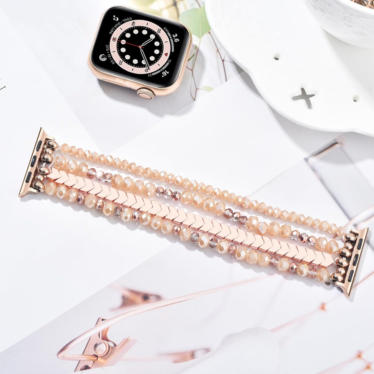 Beaded Band for Women Compatible with Apple Watch 38mm 40mm 41mm 42mm, Fashion Crystal Elastic Straps Wristbands for iWatch Bands Series 11/10/9/8/7/SE/6/5/4/3/2/1 (Rose Gold/Yellowish)