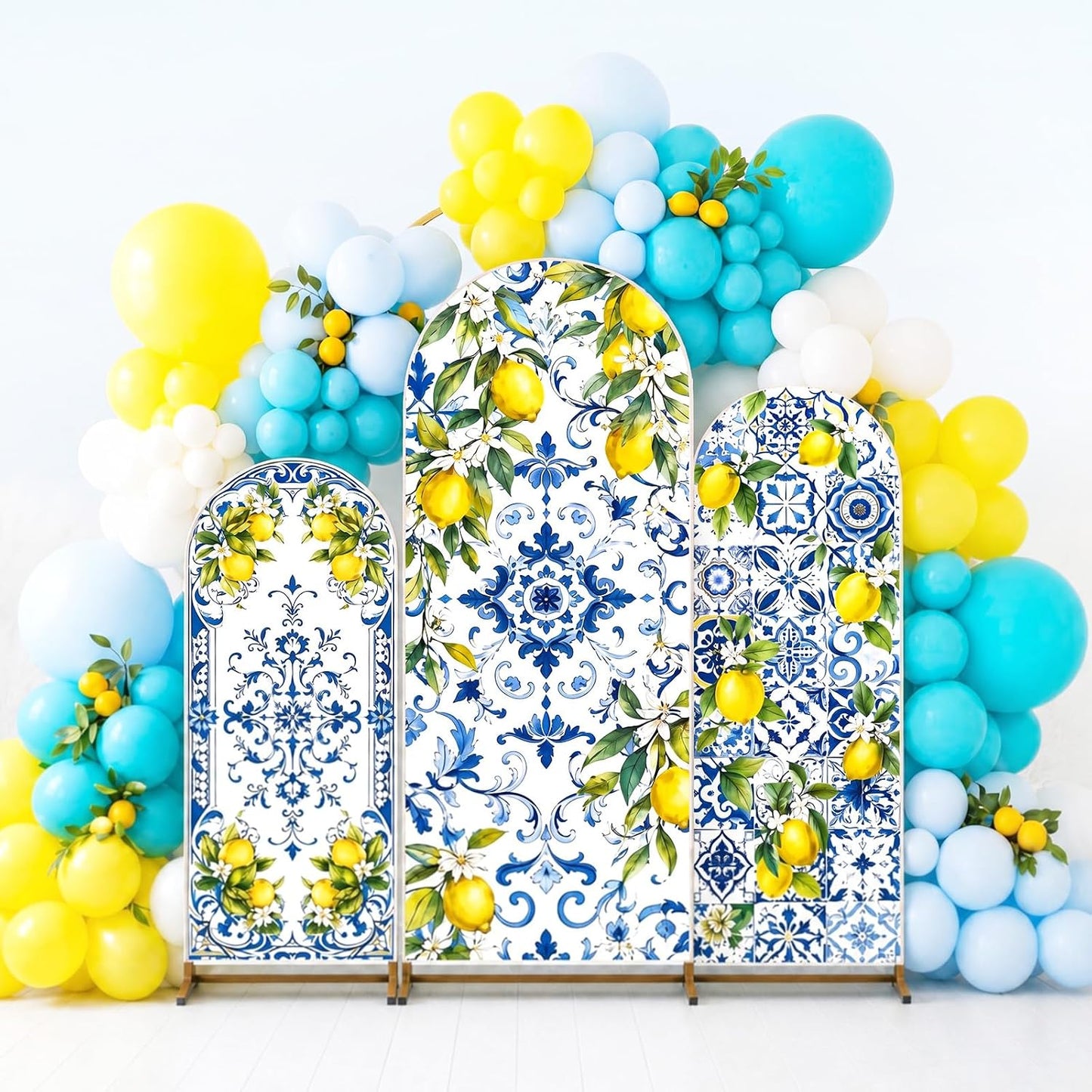 3 Pcs Blue Tiles Lemon Party Decoration Amalfi Coast Arch Backdrop Cover Mediterranean Summer Arch Cover Blue Yellow Backdrop for Wedding Bridal Shower Background Decor (Tiles Lemon)