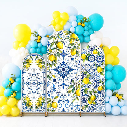 3 Pcs Blue Tiles Lemon Party Decoration Amalfi Coast Arch Backdrop Cover Mediterranean Summer Arch Cover Blue Yellow Backdrop for Wedding Bridal Shower Background Decor (Tiles Lemon)