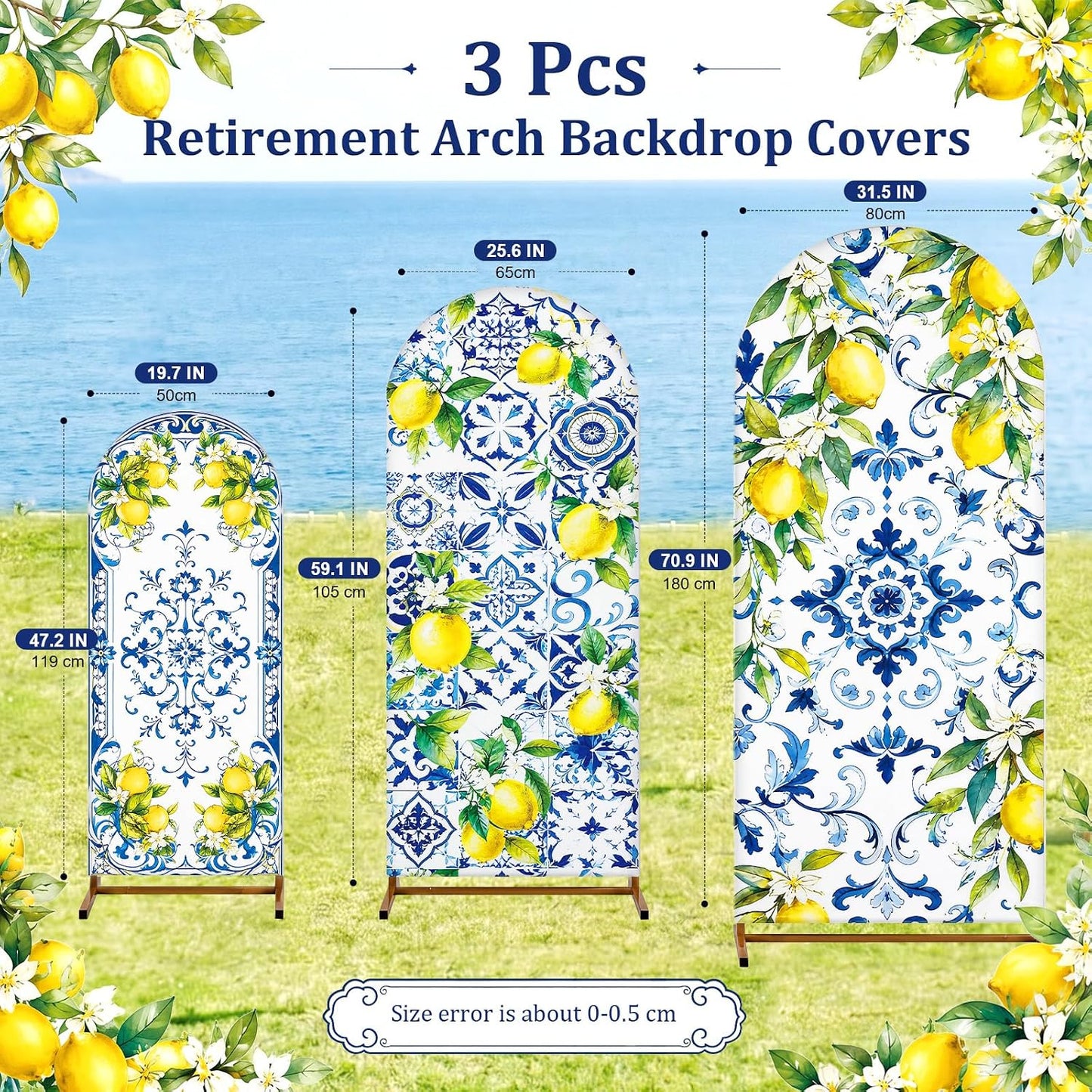 3 Pcs Blue Tiles Lemon Party Decoration Amalfi Coast Arch Backdrop Cover Mediterranean Summer Arch Cover Blue Yellow Backdrop for Wedding Bridal Shower Background Decor (Tiles Lemon)